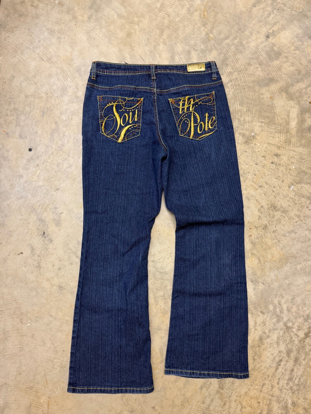 Soul Pole Women’s Dark Blue Boot Cut Jeans with Yellow Embroidery